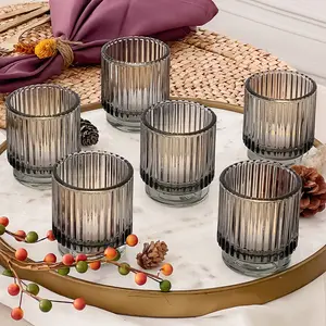 Smoke Gray Vintage Ribbed Glass Tealight Votive Candle Holders by Kate Aspen (Set of 6), Fall Decor, Boho Decor, Shelf Decoration, Perfect Hostess Gift or Home Decor,Model: 27206BK