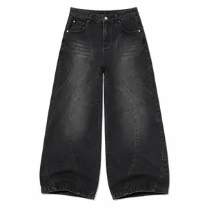 Men’s Y2K curved seam loose jeans, vintage black wash, back pocket letter embroidery, wide-leg denim pants, hip-hop street style trousers
