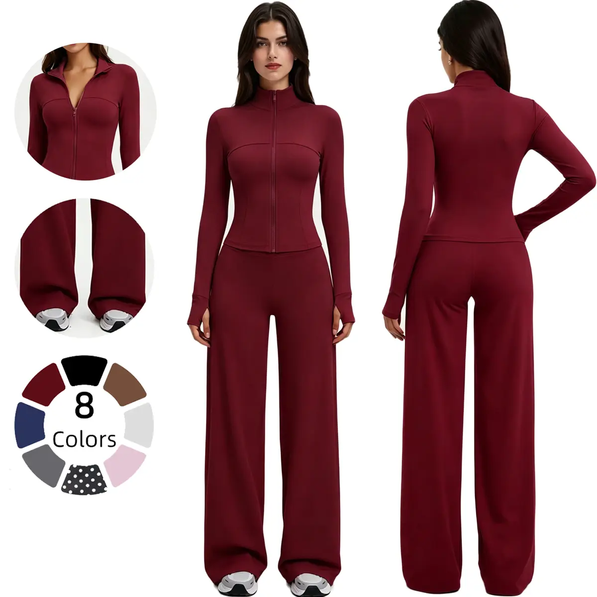 Women's 2-Piece Sportswear Set - Compression Zip-Up Jacket, Butt-Lifting Wide-Leg Active Jogger Leggings for Workout