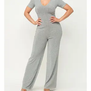 Metallic Stretchy Knit Collared Zip Up Jumpsuit in Gray with V Neck and Short Sleeves