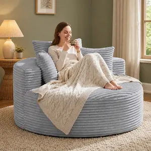 55.5-Inch Boneless Round Cloud Sofa Chair - Gery Wide-Stripe Corduroy, Oversized Deep Foam Seat, Soft Pillows, Wide Armrests, Modern Single-Person Sleeper Chaise for Living Rooms, Lounges
