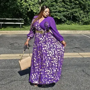Luxury FLAKY MAXI PURPLE Dress with GOLD Flakes RTW DRESS Womenswear Comfort Formal Wear Floral Long Sleeve Lady