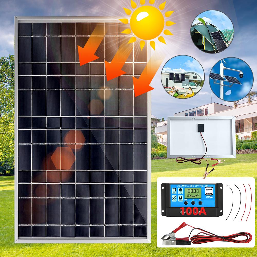 10W Portable Solar Panel Kit with 100A Controller, Multi-Crystalline 12V Battery Charger for RV Camping Home Backup, Complete Set with Cables
