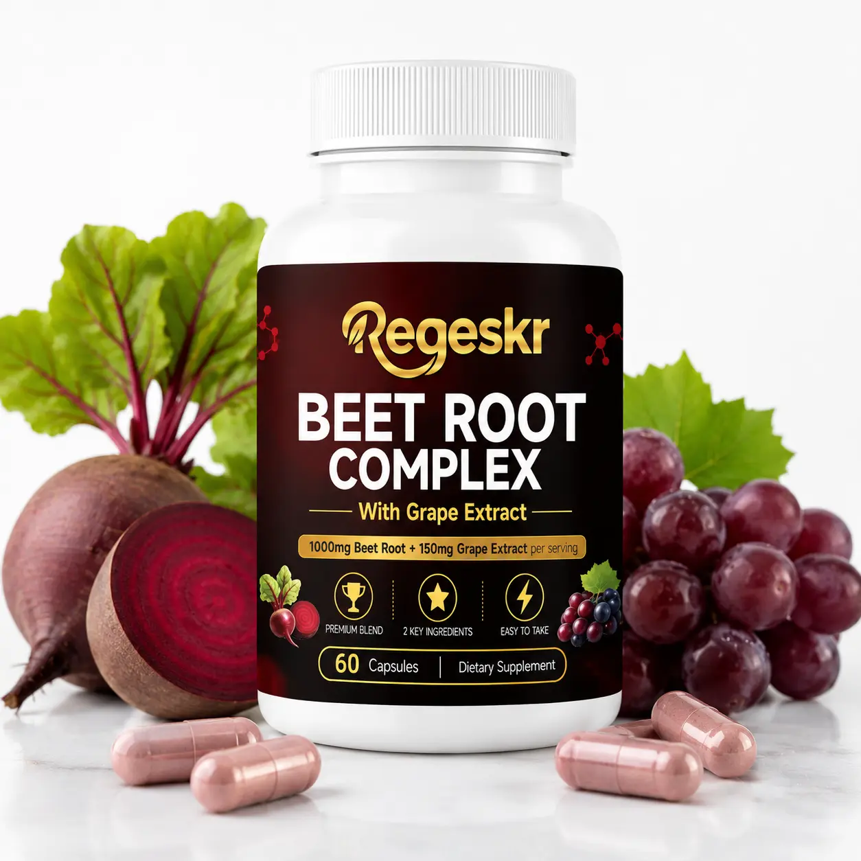 【Regeskr】Premium Beet Root Complex Capsules - 1000mg Beet Root Powder, 150mg Grape Extract, Plant-Based, Supports Nitric Oxide, Circulation, Stamina (60 Count)