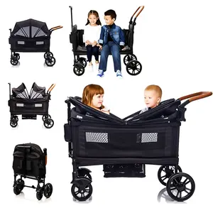 Stroller for 2 Kids & Cargo-Travel Stroller Push-Pull Double Wagon Lightweight Folding Stroller for Newborn&Toddler with 5-Point Harness,Adjustable Handle Bar and Canopy,Tray Table,Cup Holder