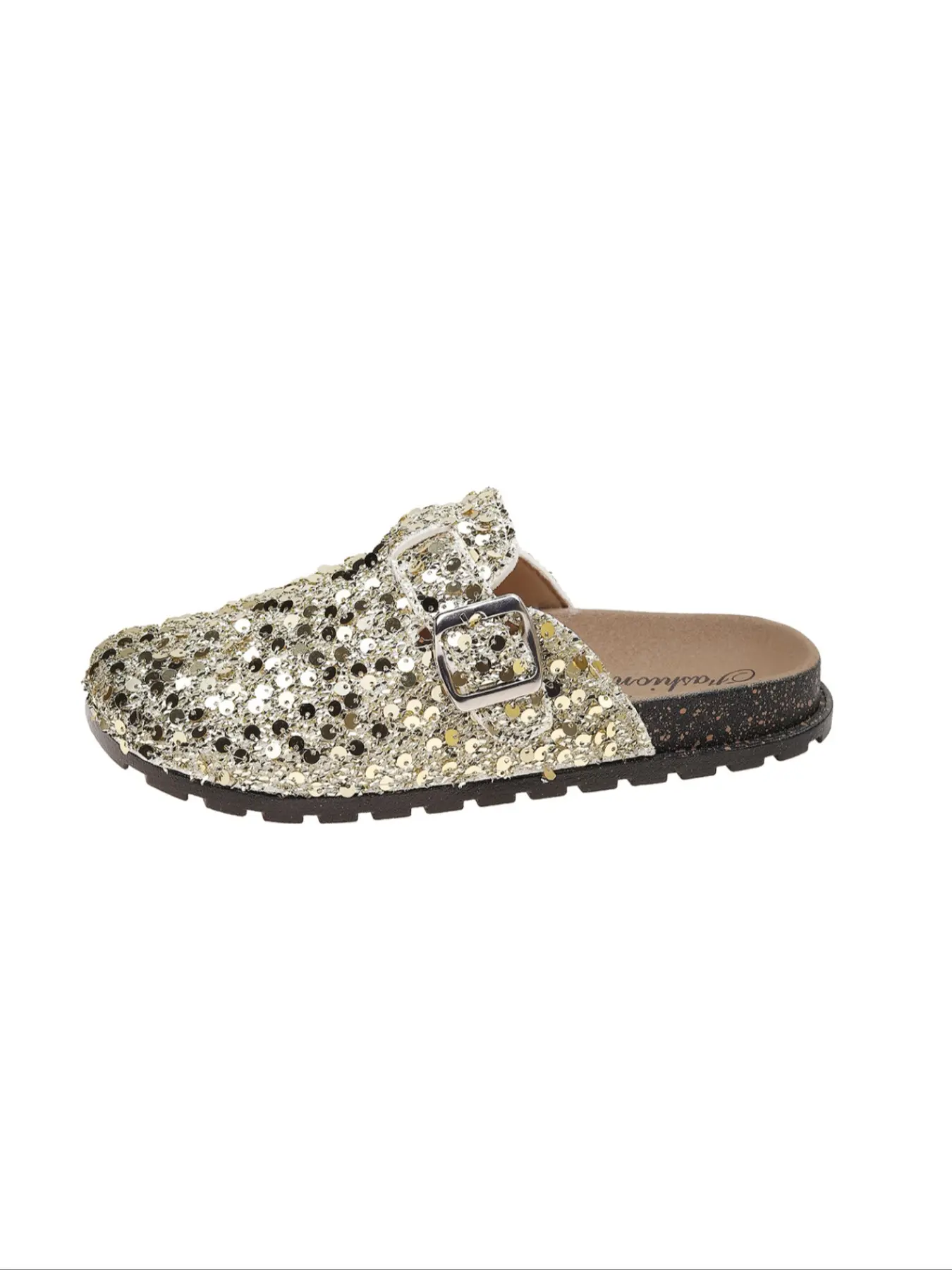 Glitter Sequins Buckle Closed Toe Slide Sandals Women, Sparkly Flat Slip On Mules Slippers