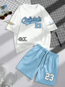 Two-Piece Set Men's Letter Graphic Short Sleeve Crewneck Tee & Shorts, Regular Fit Casual Round Neck T-shirt & Track Shorts, Men's Summer Clothes