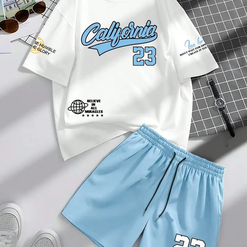 Men's Two-Piece Summer Tropical Matching Set, Menswear Letter Graphic Regular Fit Casual Short Sleeve Round Neck Crewneck Tee & Track Shorts Clothes Casual Matching Sets