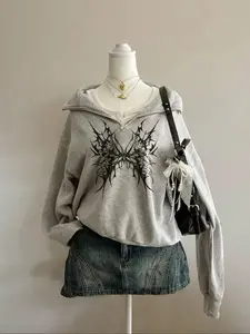 Tiktok Trendy Thorn Butterfly Half-Zip Hoodie, Loose Fit Casual Style, Dark Fashion, Vintage Punk Look, Perfect for Fall & Winter