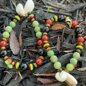 Unisex Minimalist Handmade 8-10mm Gemstone Bracelet - Jade, Red Jasper, Obsidian, Tiger's Eye, Agate Gem, Carved Stone with Unique Pattern & Flower Focal "Rasta" Jewelry Accessory