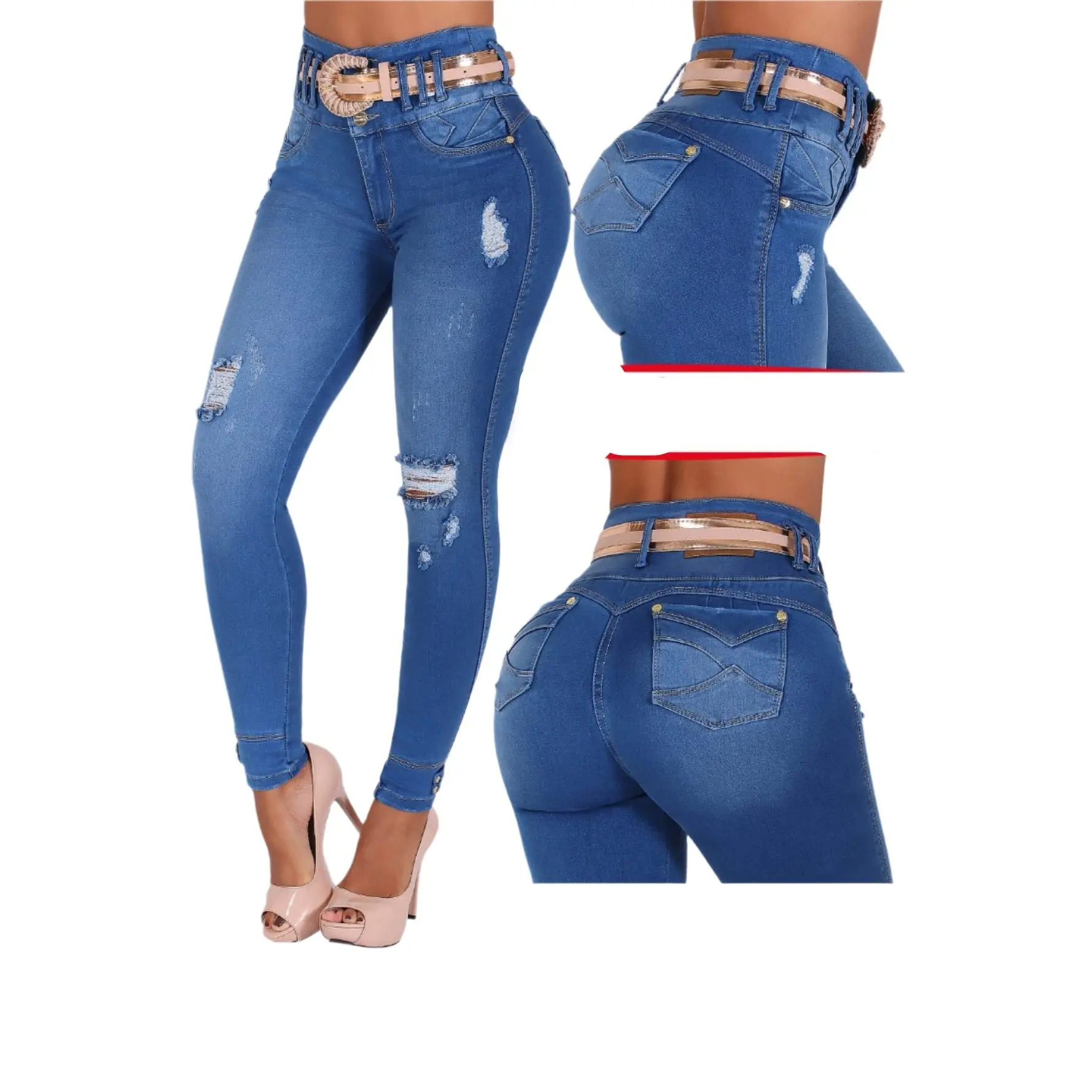 Women's Colombian High-Waist Butt-Lifting Jeans, Bon Bon Up Style, 6809 Compression Bottoms with Comfortable Fit