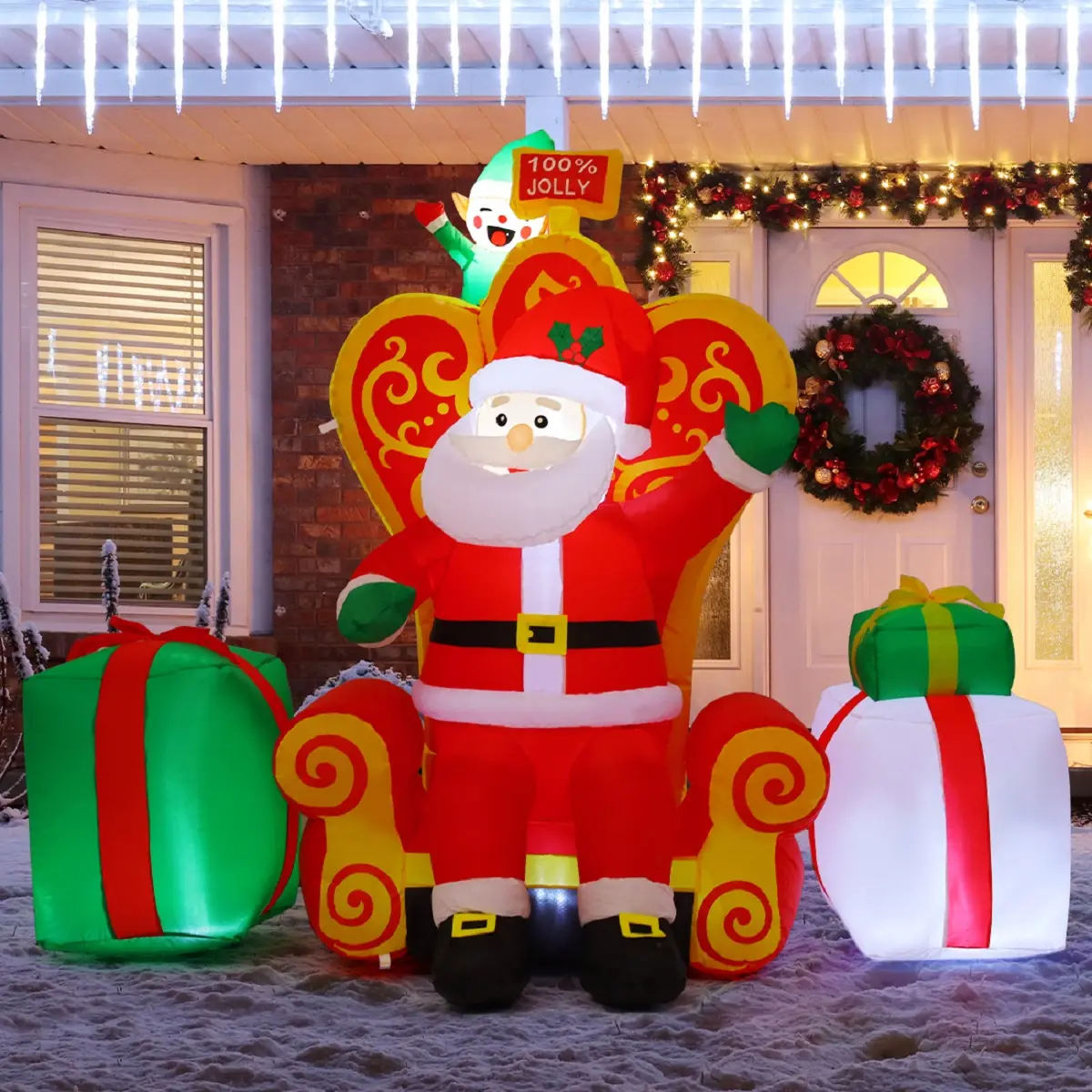 Christmas Santa Inflatables 7 FT Long Outdoor Decorations Blow Up Yard Elf Gift Box with Built-in LEDs for Indoor Party Garden Lawn Decor Water Proof Ornaments