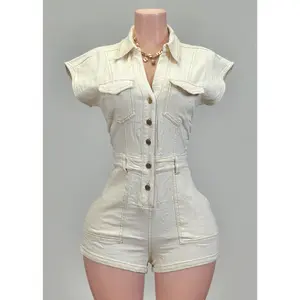 OLIANA DENIM IVORY COLLARED SHORT SLEEVE ROMPER