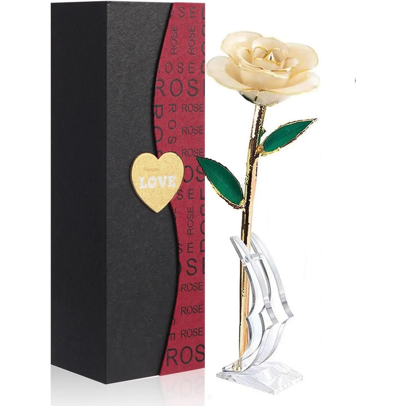Dipped Rose White,Dipped in 24k -Long Stem Rose  Artificial for Decoration,Rose  with Transparent Stand &  Box, for Mom,Lover,Women,Thanksgiving Day