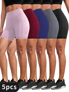 5PCS Women'S High-Waist Summer Shorts with Pockets - Elastic Polyester Blend, Elegant Solid Color, Side Pockets for Phones and Accessories, Machine Washable, No Print, Glossy Finish, Pants, Cycling Shorts, Casual Shorts
