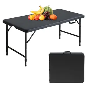 GAOMON Portable 4ft Adjustable Height Plastic Folding Table - Heavy Duty Fold-in-Half Table with Carrying Handle - Utility Table for Picnic, Party (black)