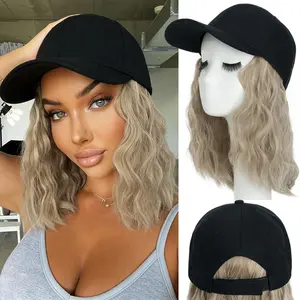 Hat Wig for Women, Short 8inch Wave Baseball Cap Wig with Curly Wavy Synthetic Hair Extensions, Adjustable Brown Black Baseball Hat Wig Summer vocation