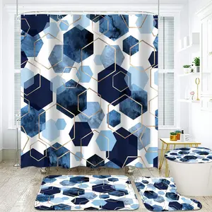 4Pcs Blue Bathroom Set Geometric Shower Curtain Set Modern Art Shower Curtain for Bathroom with 12 Hooks, Bathroom Carpet Bath Mat and Toilet Rugs Showercurtain