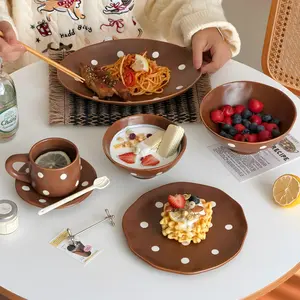 Vintage Polka Dot Ceramic Bowl Set, Microwave & Dishwasher Safe, High-Quality Home Use, Perfect for Breakfast & Afternoon Tea