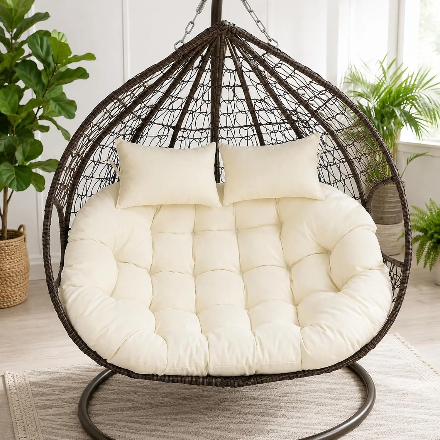 Double Egg Chair Cushion Replacement, Outdoor 2-Seater Swing Seat Pad| Large 2-Person Basket Pad, Thick PP Cotton Filling, 2 Headrest Pillows with Ties, Water-Resistant Patio Fabric