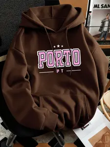 PORTO Print Hooded Sweatshirt, Fleece-Lined Thickened Style, Soft & Comfortable, Suitable for Autumn & Winter Daily Wear & Outdoor Sports, Minimalist & Versatile, Men's Casual Hoodie