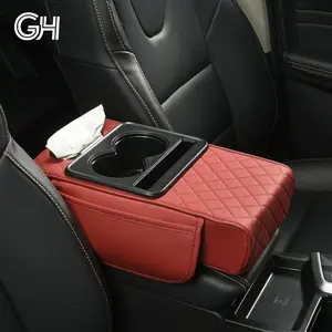 GOHIGH｜5-in-1 Car Center Console Cover, Multifunctional Embossed PU Leather Arm Rest Cover with Cup Holder/Phone Holder/Pocket/Tissue Holder, Height Enhancement Car Armrest Cushion for Ford Chevrolet Tesla Dodge Chrysler Most Cars