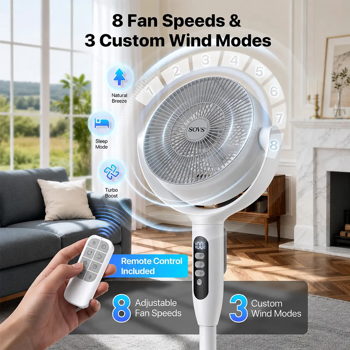 Cordless Wireless Rechargeable Standing Cooling Fan - Adjustable Height (3 Levels), 8 Fan Speeds, 3 Custom Wind Modes, 3D Oscillation, 40H Runtime, 20dB Quiet Brushless Motor, Remote Controlled, Portable for Home, Camping to Stay Cool & Beat the Heat