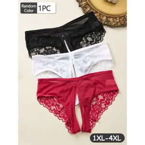 Plus Size Sexy See-Through Lace Panties with Rear Cut-Out & Cross-Back Design - Mid-Rise Triangle Underwear for Women & Men, Romantic Surprise Gift Lingerie (Random Color), Intimate Apparel, Seductive Underwear, Medium Elasticity Fabric