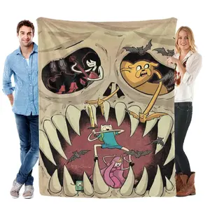 Adventure Time Spooky Skull Flannel Fleece Blanket Eerie Skull Design Featuring Finn Jake Marceline Princess Bubblegum with Bats Whimsical Details Perfect for Show Fans Nostalgic Bold Cozy Binge Watching Soft Vivid Playful Fun Gift
