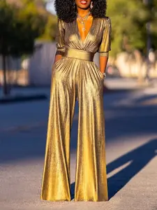Elegant Women's High Waist Bodycon Fit Shiny Woven Jumpsuit, Deep V Neck Long Sleeve, Plain Color, Perfect for Parties & Events