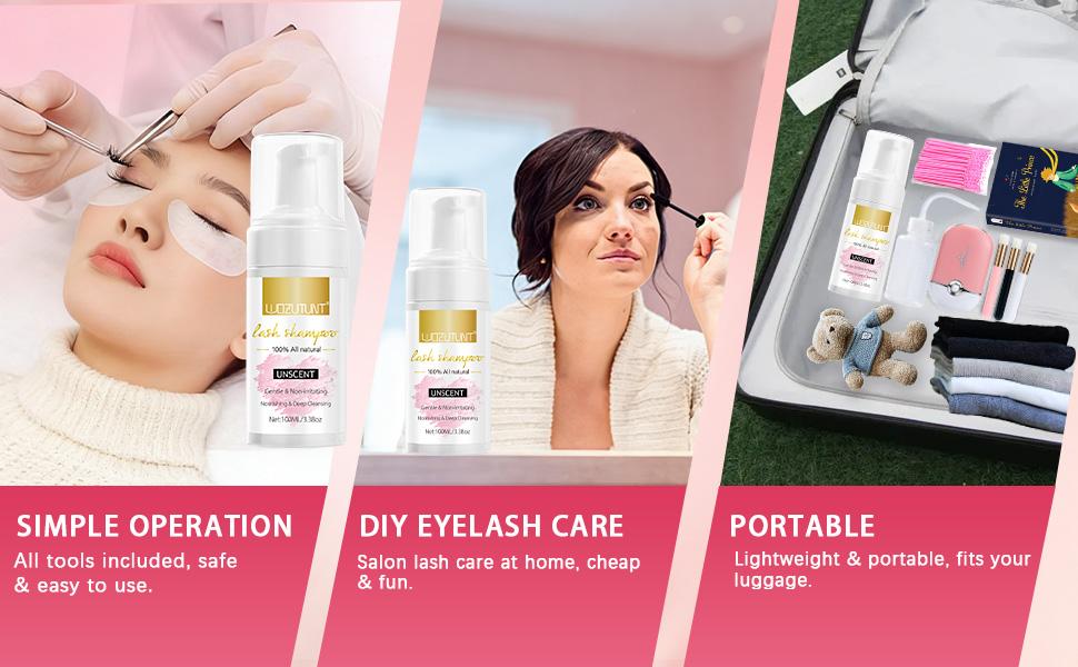 3.38oz Eyelash Extension Cleanser - Lash Mousse Shampoo, Lash Brushes, Cleanser Brush, Wash Bottle for Long-Lasting Lashe  Daily Mascara Nourishing