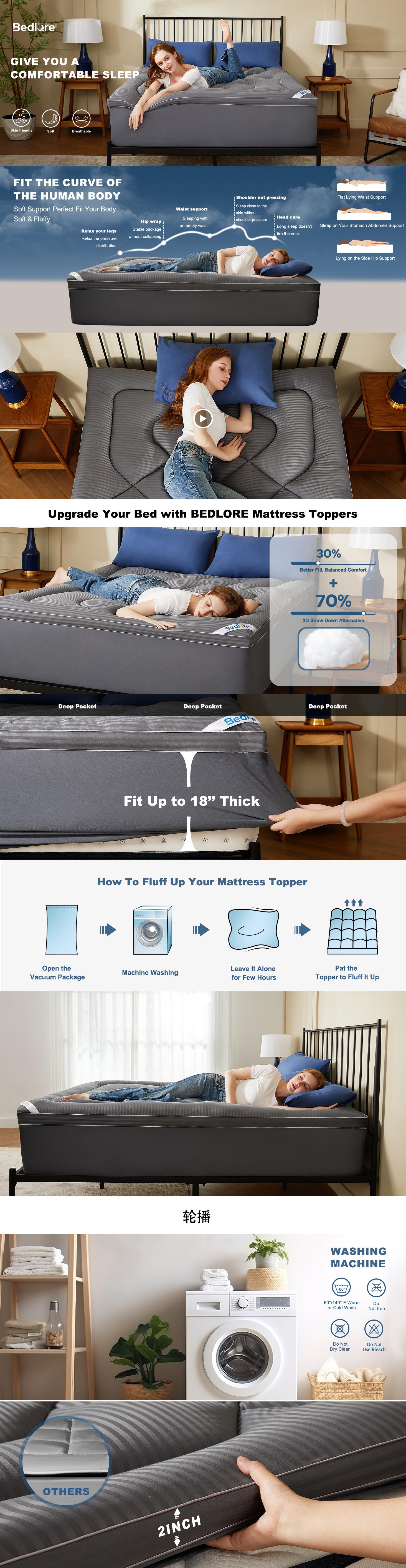 【BEDLORE】Cooling Mattress Topper, Thick Pillow-Top Pad for Pressure Relief & Comfort, Soft Breathable, Deep Pockets (Fits 6–18 Inches) for Home, Bedroom, Guest Room