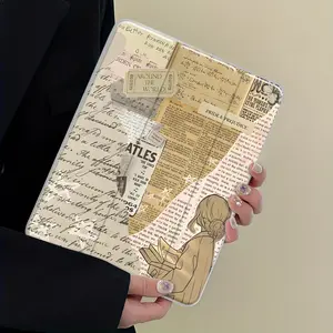 Vintage Newspaper Literary iPad Case,Tri-Fold Stand Case for iPad, Transparent Acrylic Hard Back,Book & Beatles Collage ,Pencil and Charger Slots, Ultra-Thin Scratch-Resistant Design for iPad 10.2inch, Mini, Pro, Air, Ideal for Work and School