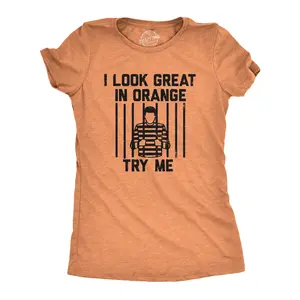 Womens I Look Great In Orange Try Me T Shirt Funny Threat Arrested Jail Joke Tee for Ladies Funny Womens T Shirts Cute Vintage Fashion Casual Ladies T-Shirt Gift Funny offensive Top Women's Novelty Tees Orange -