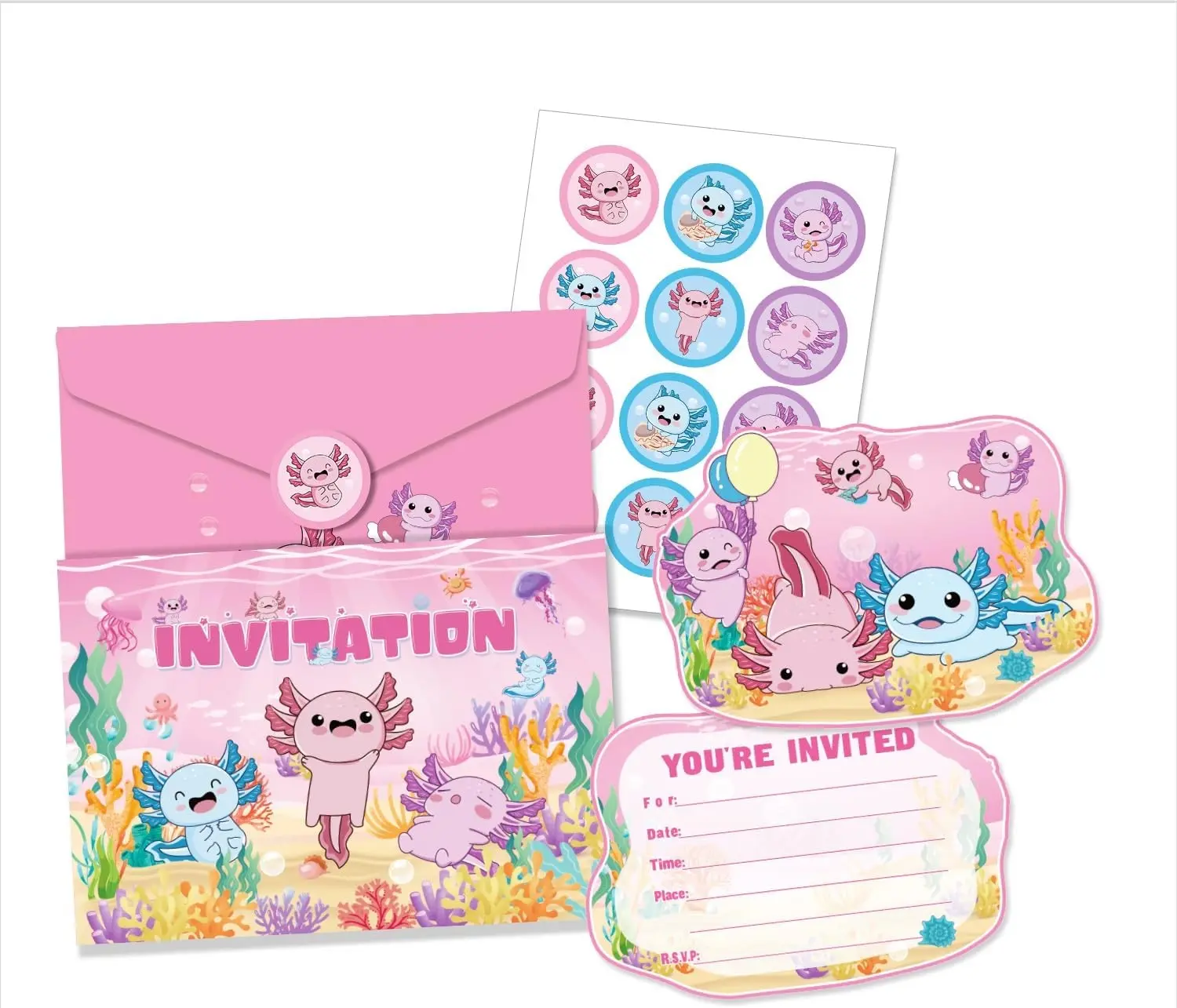 12Pcs Axolotl Birthday Party Supplies Axolotl Birthday Party Invitation Cards with Envelopes and Stickers for Axolotl Birthday Party Decorations