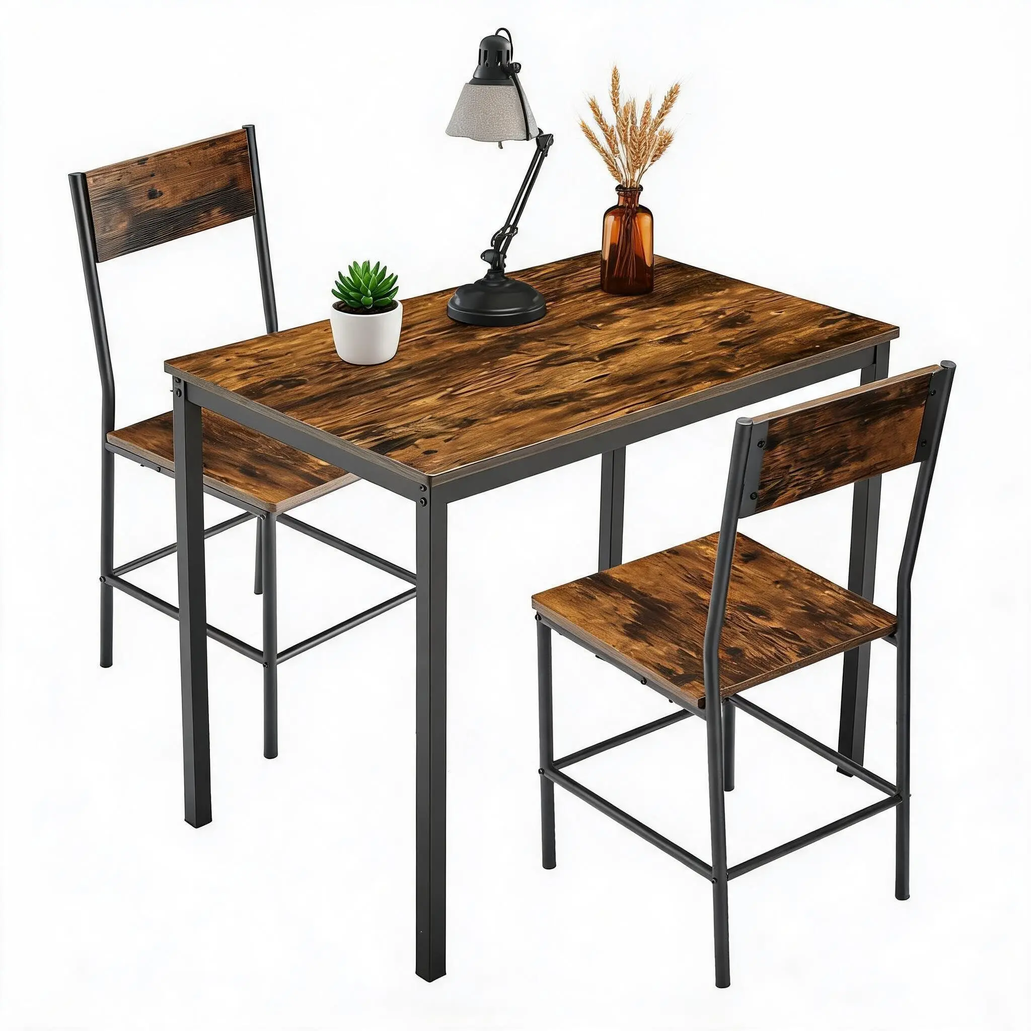 Gaomon 3-Piece Industrial Look Dining Table Set for 2 People, Rectangular Brown Tabletop with Black Metal Frame, Set Includes Table & 2 Wood Chairs for Small Apartment Kitchen Dinette