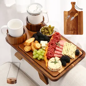 Couch Arm Table 4-in-1 with Cheese Board, Rotating 2 Cup Holders & Phone Stand & Knife Fork Removable,15.7"x9.8"Acacia Sofa Armrest Tray Clip on Arm Rest for Drinks,Snacks & Remote Control side coffee small lap caddy leg foldable bamboo