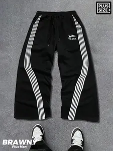 Men's Plus Size Black Wide-Leg Sweatpants, Side White Stripes "THE STAR" Print, American Retro Y2K High Street Loose Straight-Leg Pants, Baggy Hip-Hop Casual Trousers with Drawstring