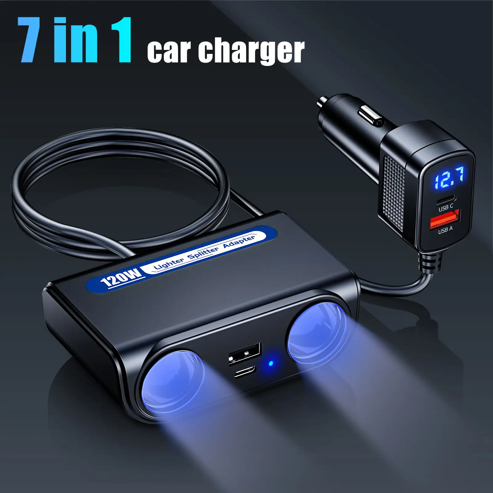 AXVIV 120W Cigarette Lighter Splitter for Trucks and Cars, 7-in-1 Car Charger Adapter with PD 30W and QC 3.0 Ports, Universal 12V-24V Car Power Plug for Tablets and Phones, Reliable Charging Station with Real-time Voltage Monitor, Black