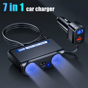 120W Cigarette Lighter Splitter for Trucks and Cars, 7-in-1 Car Charger Adapter with PD 30W and QC 3.0 Ports, Universal 12V-24V Car Power Plug for Tablets and Phones, Reliable Charging Station with Real-time Voltage Monitor, Black