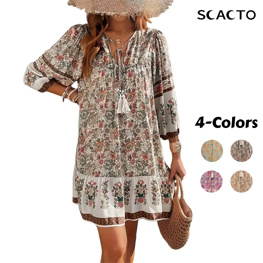 Scacto Women's Bohemian Floral Print Tie-Neck Mini Dress, Long Sleeve Ruffle Hem Casual Viscose Woven for Summer Beach Outings, Lady, Women's Clothes, Fabric, Fit, Going Out, 2Xl