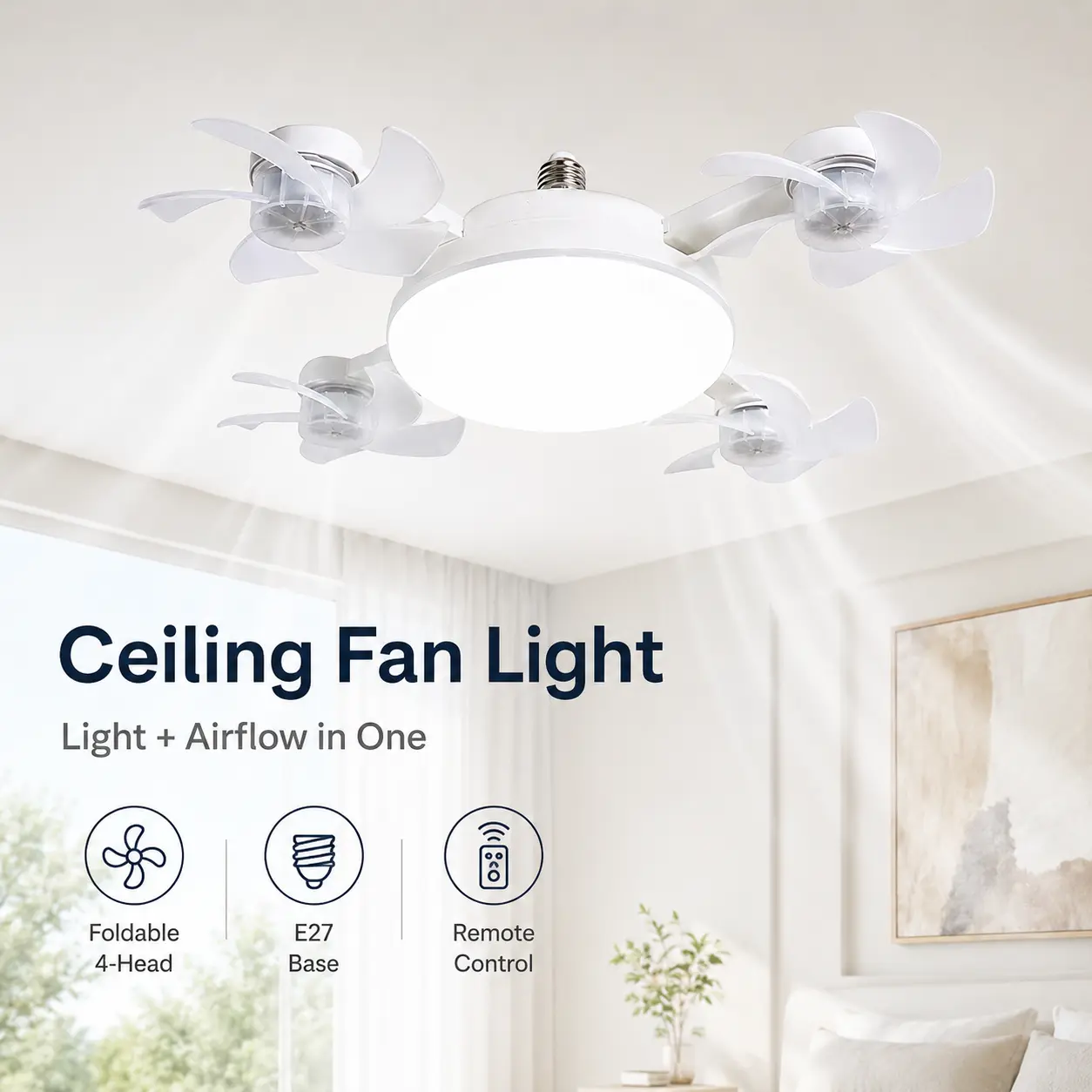Modern Drone Style Ceiling Light with Foldable Mini Fan Blades, LED Flush Mount Lamp with Remote Control, E27 Socket Fixture for Bedroom Apartment Home