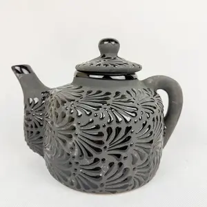 Mexican Talavera Style Tea Pot Coffee Pot Black- Tetera Barro Engobe