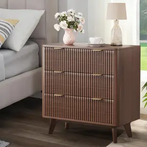 Modern 32-Inch Wide Nightstand | Fluted Design with Faux Marble Top, 3 Spacious Drawers | Large Storage Nightstand for Bedroom and Living Room