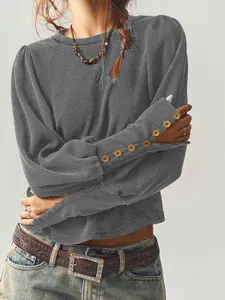 Women's Solid Color Button Decor Basic Tee, Casual Long Sleeve Round Neck Jumper T-shirt for Spring & Fall, Fashion Women's Clothes for Daily Wear, Tops