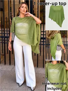 Summer New Hollow Out Knit Shawl for Women, Loose Sun Protection Split Cape, Vacation Style Outerwear, Grass