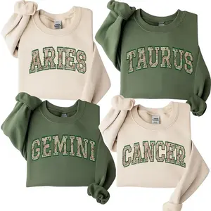 Full 12 Zodiac Sweatshirt, Aries Taurus Gemini Cancer Crewneck, Vintage Astrology Shirt with Botanical Letters, Cozy Unisex Horoscope Pullover for Star Sign Lovers