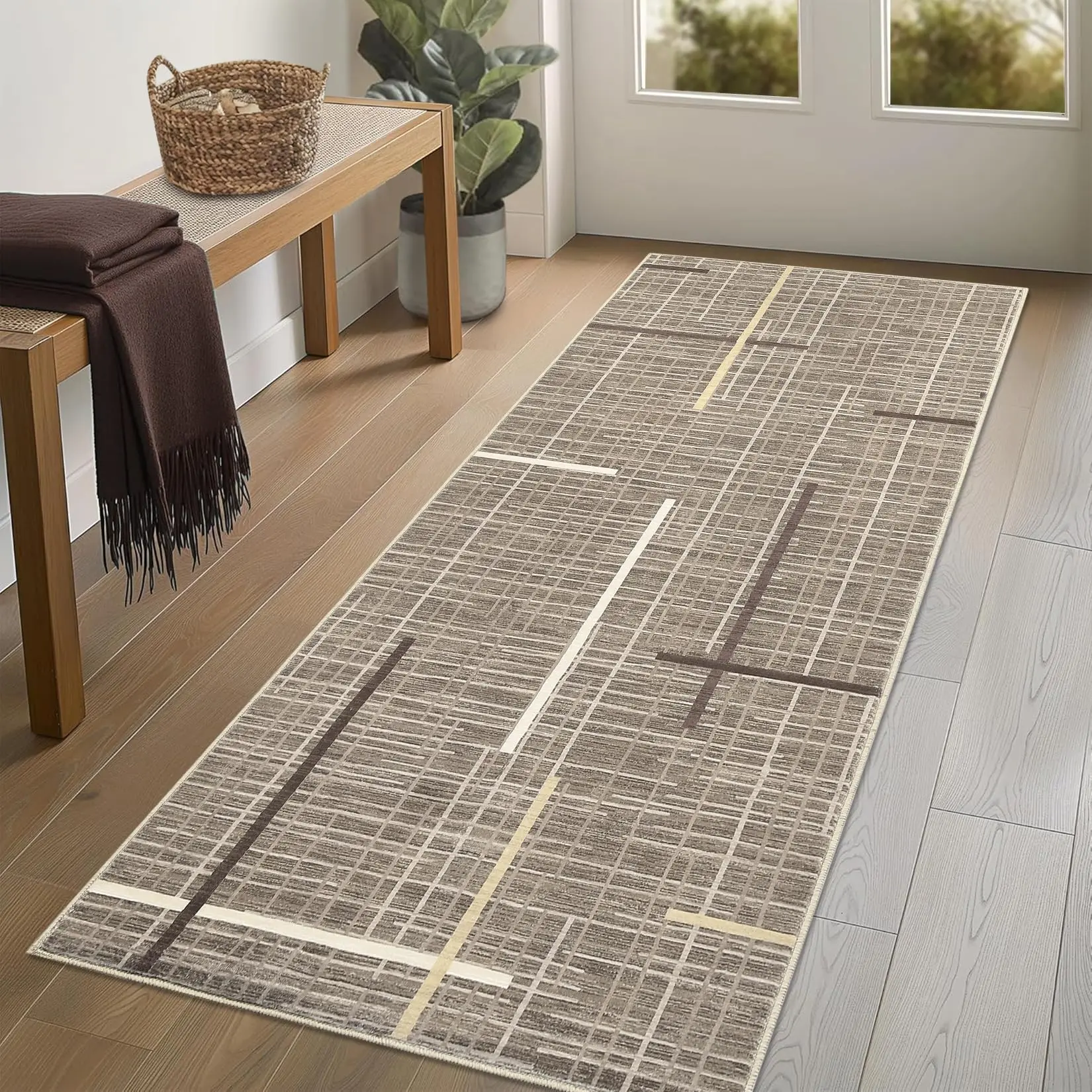 GARVEE Modern Abstract Runner Rug 2x6, Washable and Non-Slip, Featuring Linear Geometric Design, Ultra Thin, Foldable, Stain Resistant, Soft Stripe Indoor Carpet for Hallway, Kitchen, Bedroom, Brown