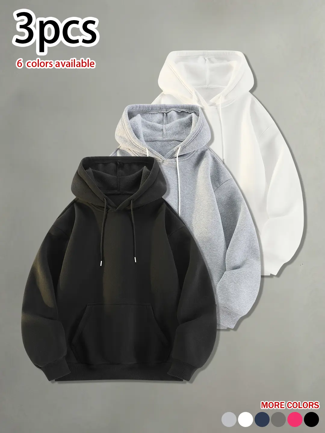 Available in packs of 3 or 1. Men’s minimalist casual hooded sweatshirt—loose fit, solid color, comfortable and skin-friendly. Versatile for everyday wear in spring and autumn; streetwear fashion, casual sporty hoodie.