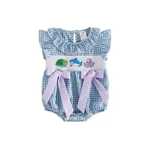 Infant Baby Girl Bubble Romper Summer Flying Sleeve Cute Marine Animals Embroidery Jumpsuit 0-18 Months